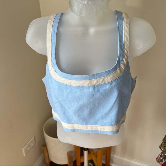 NEW Avec Les Filles Colorblock Linen Blend Crop Top Sz M - Picture 2 of 8